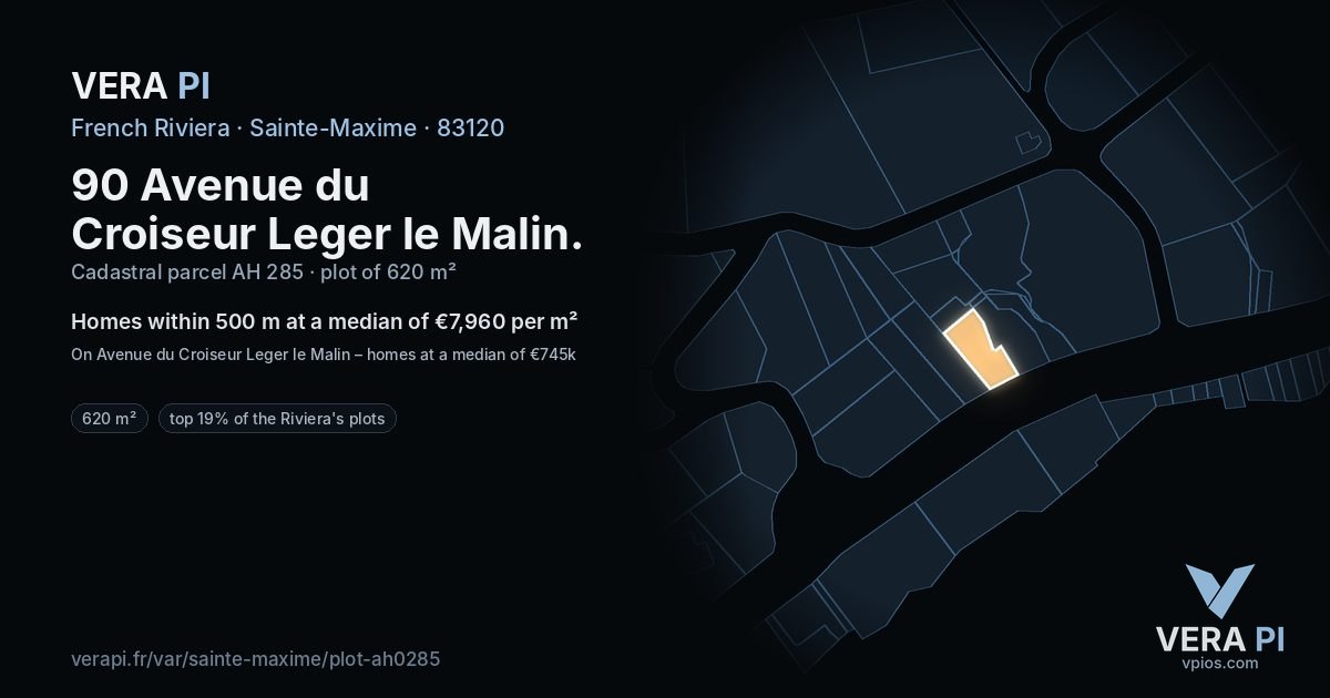 90 Avenue du Croiseur Leger le Malin, Sainte-Maxime at night – the plot lit, the parcels around coloured by the prices near them
