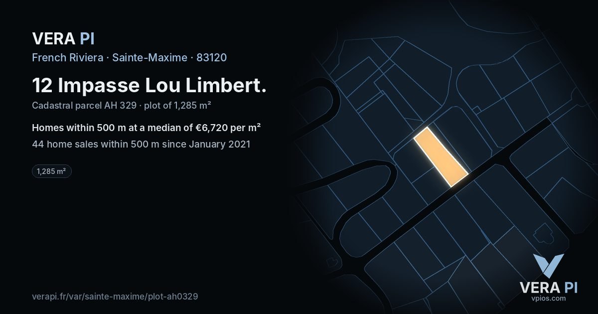 12 Impasse Lou Limbert, Sainte-Maxime at night – the plot lit, the parcels around coloured by the prices near them