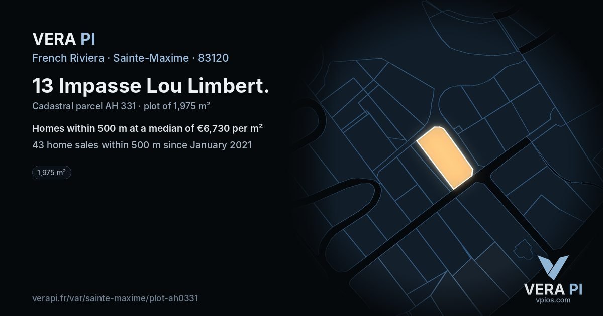 13 Impasse Lou Limbert, Sainte-Maxime at night – the plot lit, the parcels around coloured by the prices near them