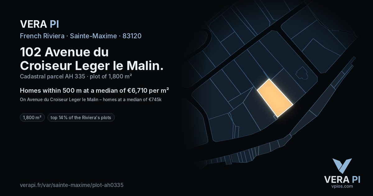 102 Avenue du Croiseur Leger le Malin, Sainte-Maxime at night – the plot lit, the parcels around coloured by the prices near them