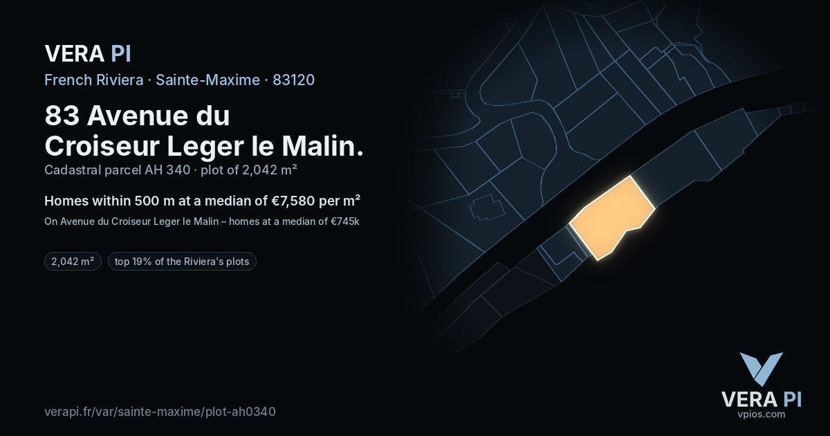 83 Avenue du Croiseur Leger le Malin, Sainte-Maxime at night – the plot lit, the parcels around coloured by the prices near them