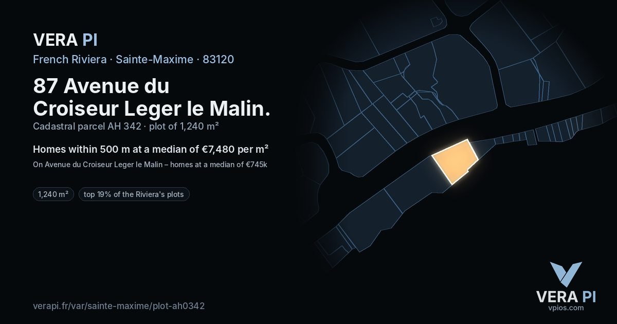 87 Avenue du Croiseur Leger le Malin, Sainte-Maxime at night – the plot lit, the parcels around coloured by the prices near them