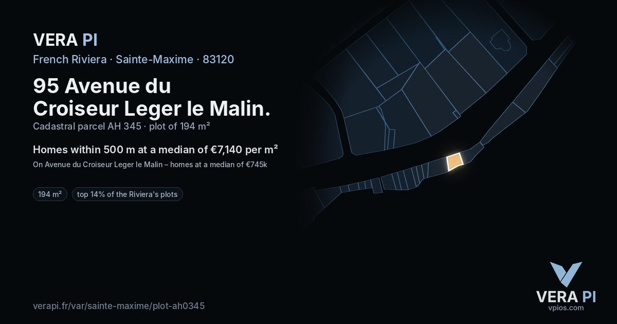 95 Avenue du Croiseur Leger le Malin, Sainte-Maxime at night – the plot lit, the parcels around coloured by the prices near them