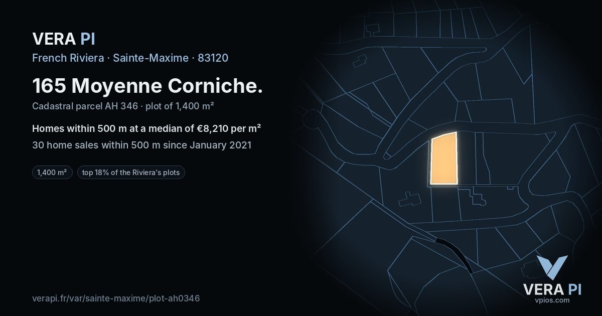 165 Moyenne Corniche, Sainte-Maxime at night – the plot lit, the parcels around coloured by the prices near them