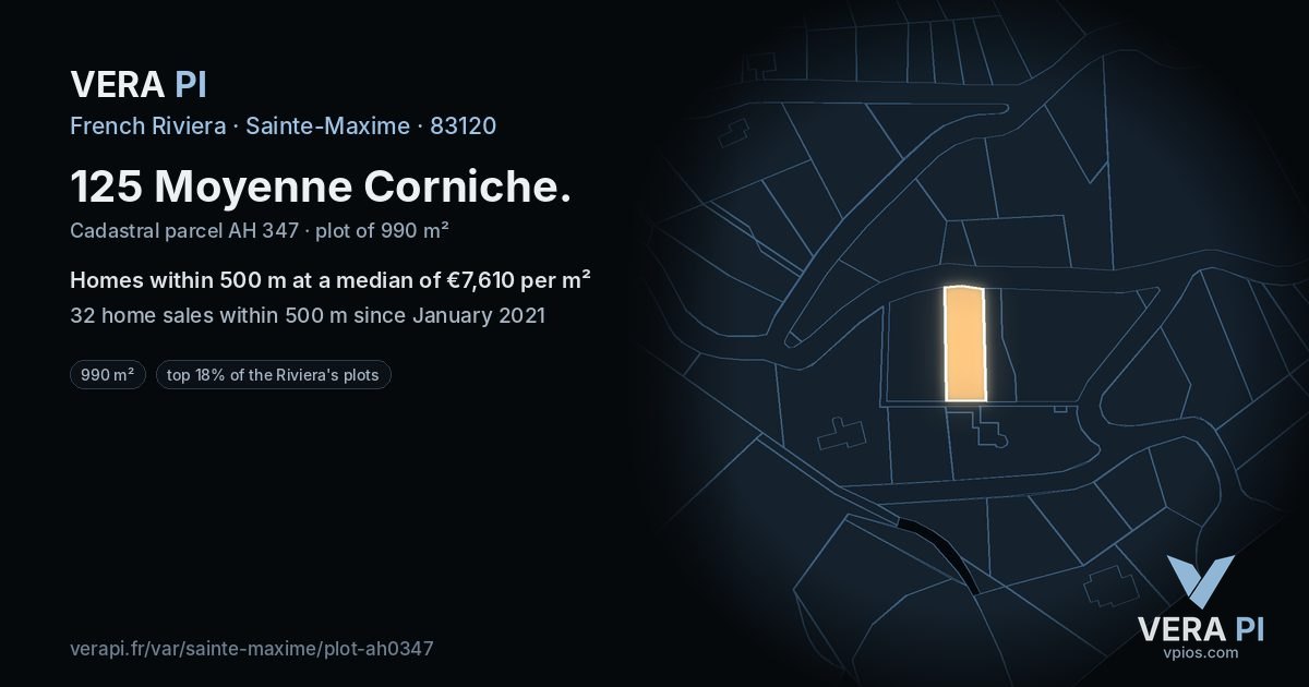 125 Moyenne Corniche, Sainte-Maxime at night – the plot lit, the parcels around coloured by the prices near them