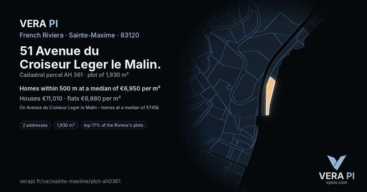 51 Avenue du Croiseur Leger le Malin, Sainte-Maxime at night – the plot lit, the parcels around coloured by the prices near them
