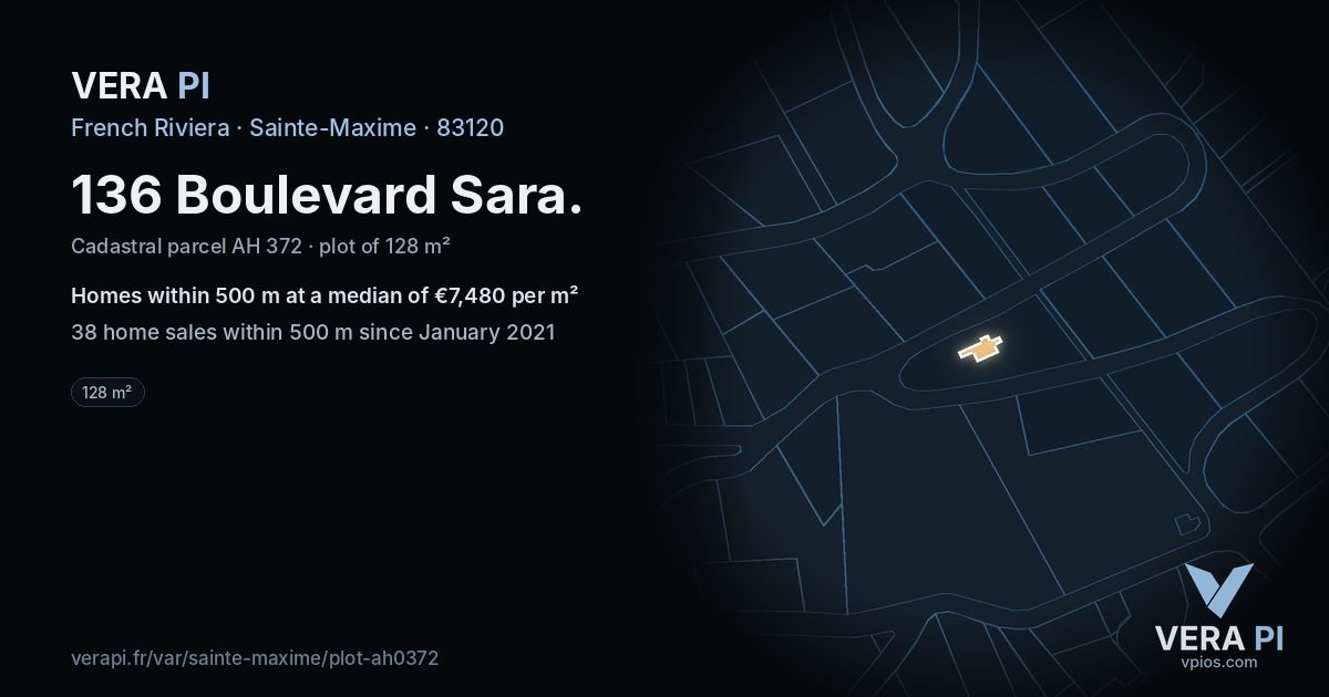 136 Boulevard Sara, Sainte-Maxime at night – the plot lit, the parcels around coloured by the prices near them