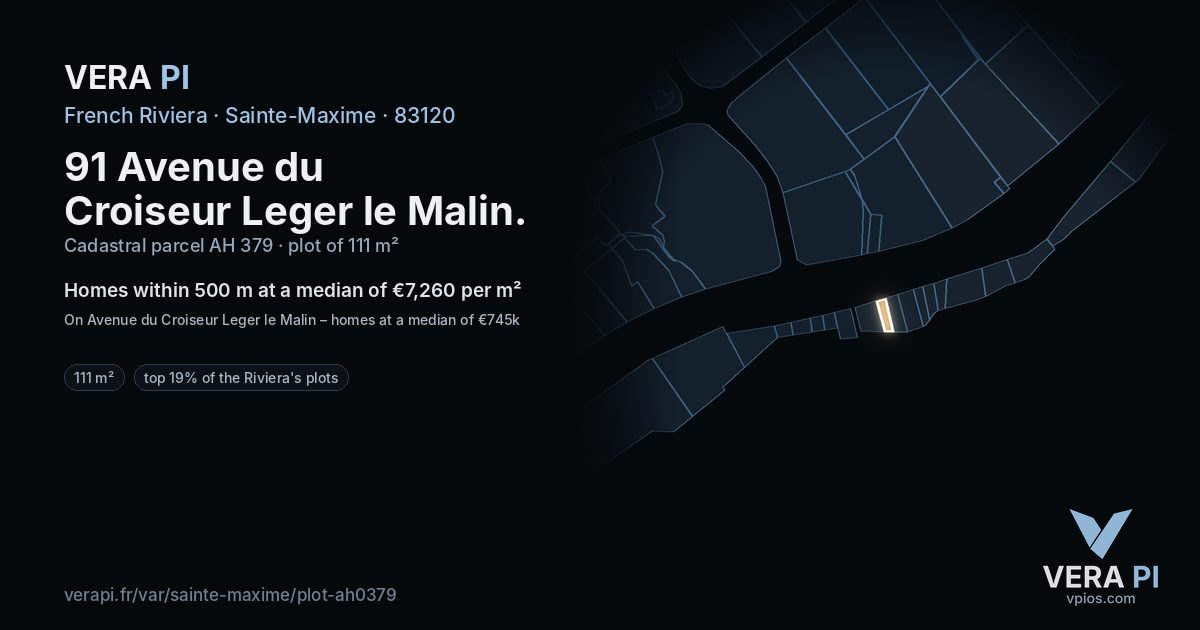 91 Avenue du Croiseur Leger le Malin, Sainte-Maxime at night – the plot lit, the parcels around coloured by the prices near them
