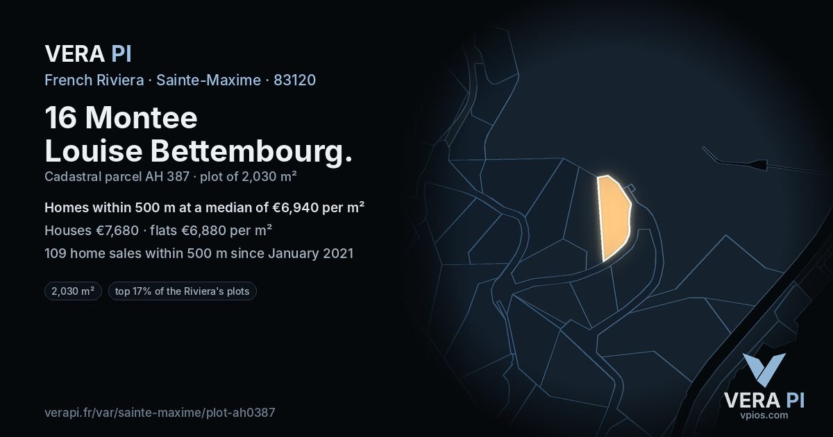 16 Montee Louise Bettembourg, Sainte-Maxime at night – the plot lit, the parcels around coloured by the prices near them
