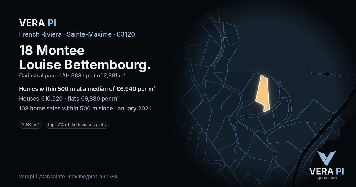 18 Montee Louise Bettembourg, Sainte-Maxime at night – the plot lit, the parcels around coloured by the prices near them