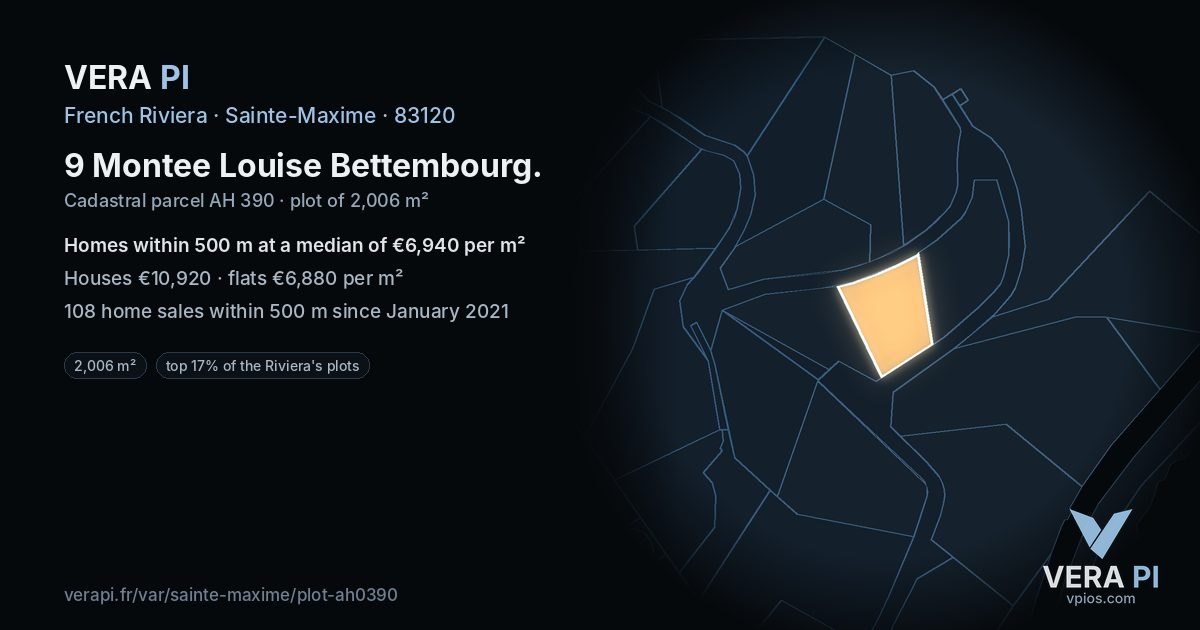 9 Montee Louise Bettembourg, Sainte-Maxime at night – the plot lit, the parcels around coloured by the prices near them