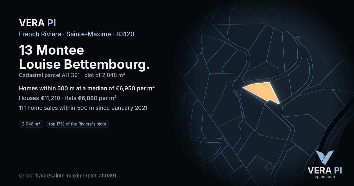 13 Montee Louise Bettembourg, Sainte-Maxime at night – the plot lit, the parcels around coloured by the prices near them