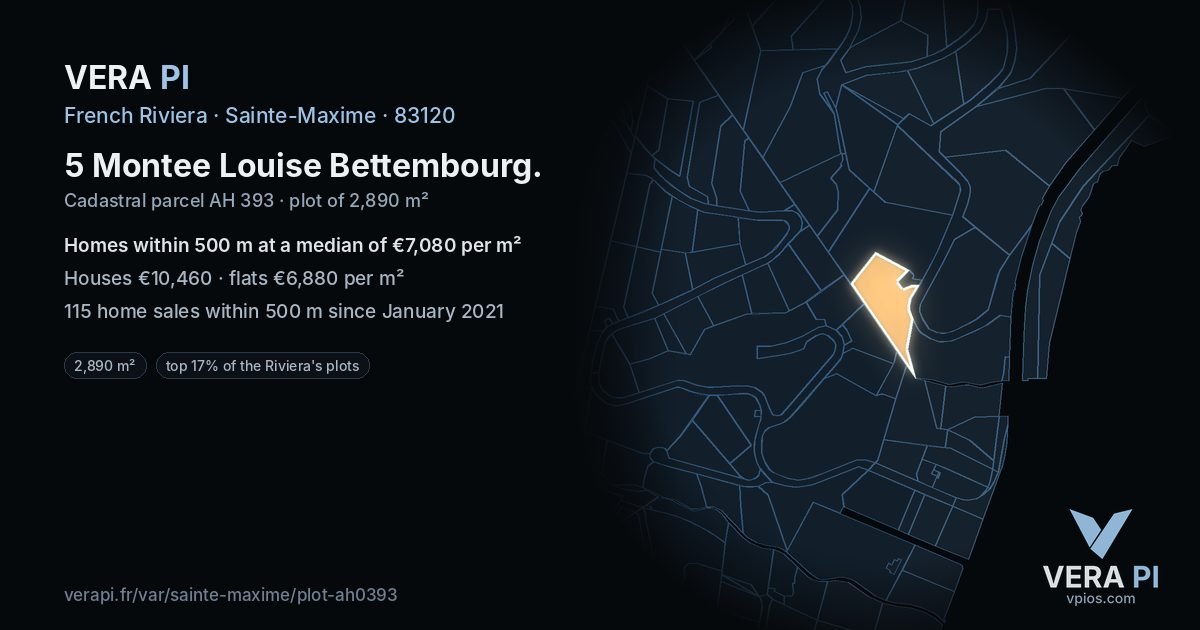 5 Montee Louise Bettembourg, Sainte-Maxime at night – the plot lit, the parcels around coloured by the prices near them