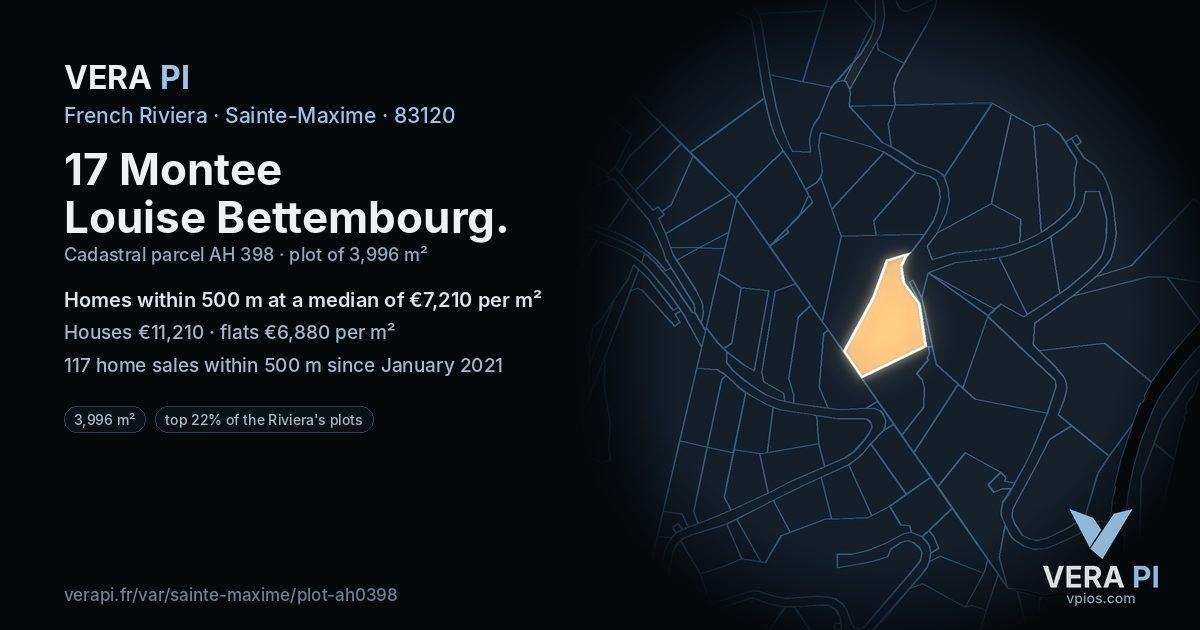 17 Montee Louise Bettembourg, Sainte-Maxime at night – the plot lit, the parcels around coloured by the prices near them