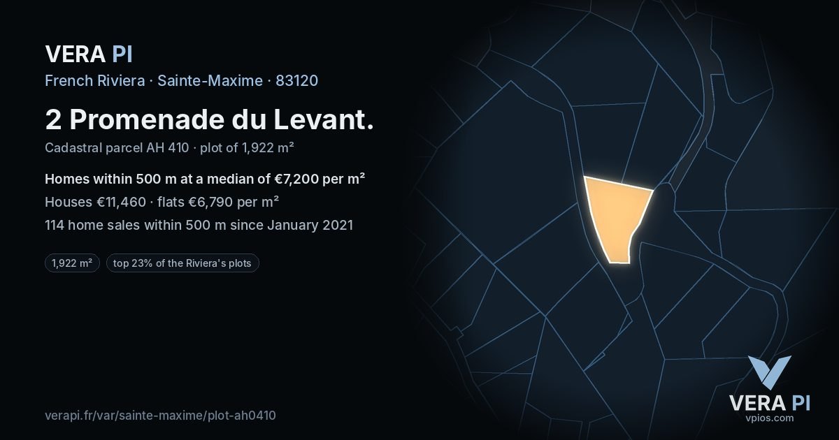 2 Promenade du Levant, Sainte-Maxime at night – the plot lit, the parcels around coloured by the prices near them