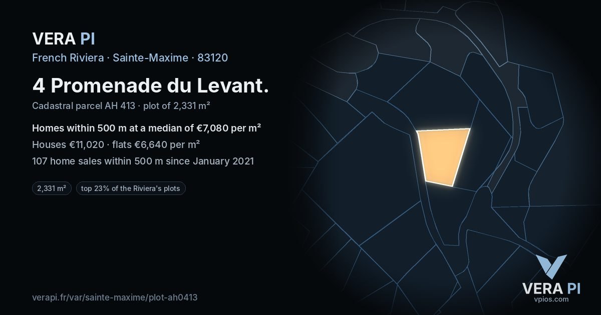 4 Promenade du Levant, Sainte-Maxime at night – the plot lit, the parcels around coloured by the prices near them