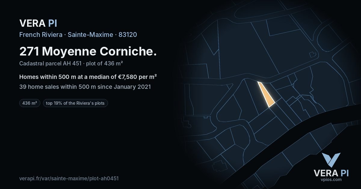271 Moyenne Corniche, Sainte-Maxime at night – the plot lit, the parcels around coloured by the prices near them