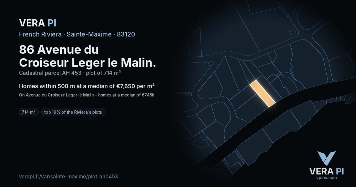 86 Avenue du Croiseur Leger le Malin, Sainte-Maxime at night – the plot lit, the parcels around coloured by the prices near them
