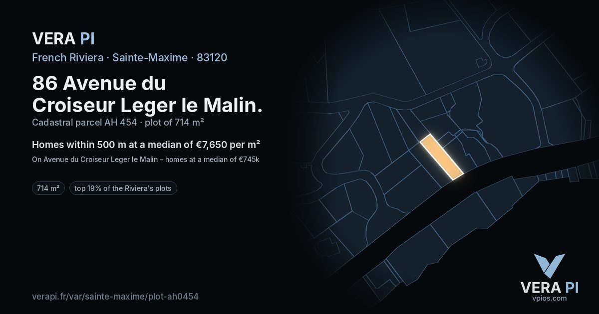 86 Avenue du Croiseur Leger le Malin, Sainte-Maxime at night – the plot lit, the parcels around coloured by the prices near them