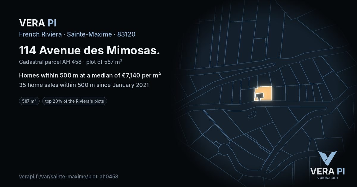 114 Avenue des Mimosas, Sainte-Maxime at night – the plot lit, the parcels around coloured by the prices near them