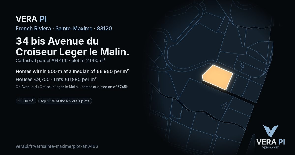 34 bis Avenue du Croiseur Leger le Malin, Sainte-Maxime at night – the plot lit, the parcels around coloured by the prices near them