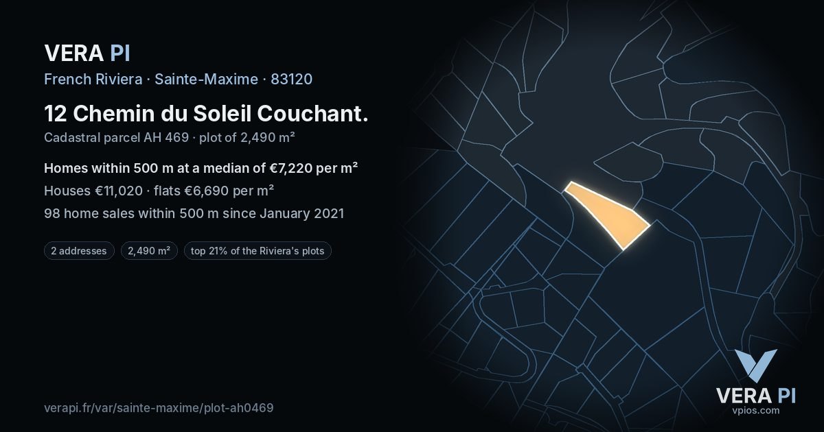 12 Chemin du Soleil Couchant, Sainte-Maxime at night – the plot lit, the parcels around coloured by the prices near them