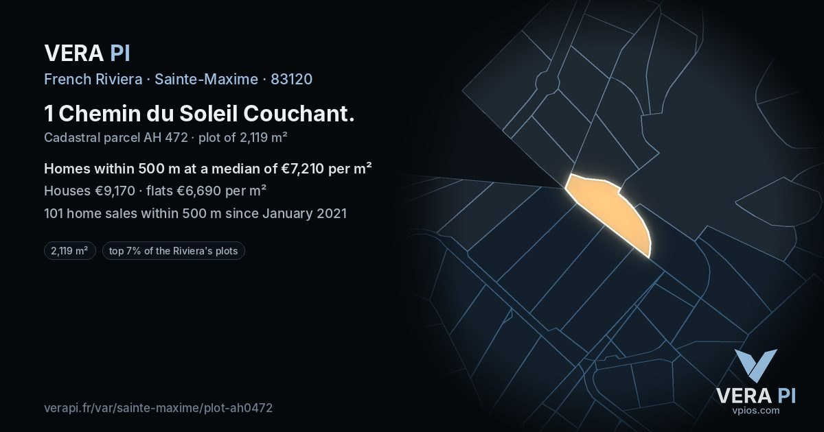 1 Chemin du Soleil Couchant, Sainte-Maxime at night – the plot lit, the parcels around coloured by the prices near them