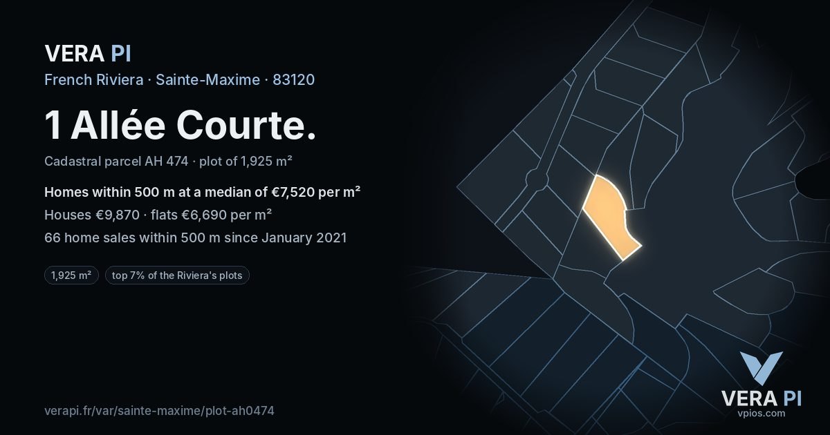 1 Allée Courte, Sainte-Maxime at night – the plot lit, the parcels around coloured by the prices near them