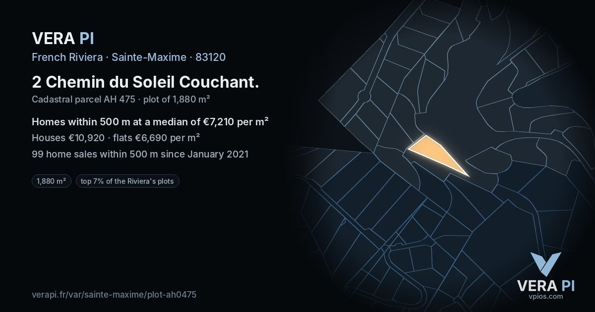 2 Chemin du Soleil Couchant, Sainte-Maxime at night – the plot lit, the parcels around coloured by the prices near them