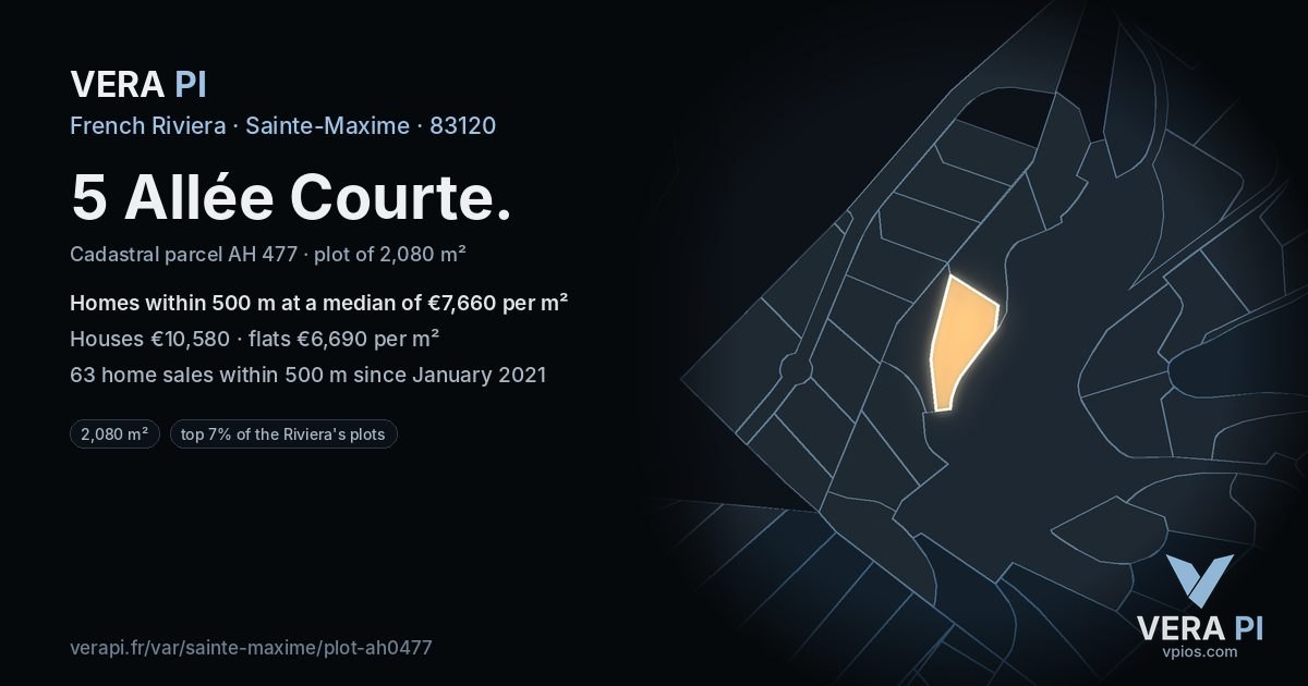 5 Allée Courte, Sainte-Maxime at night – the plot lit, the parcels around coloured by the prices near them