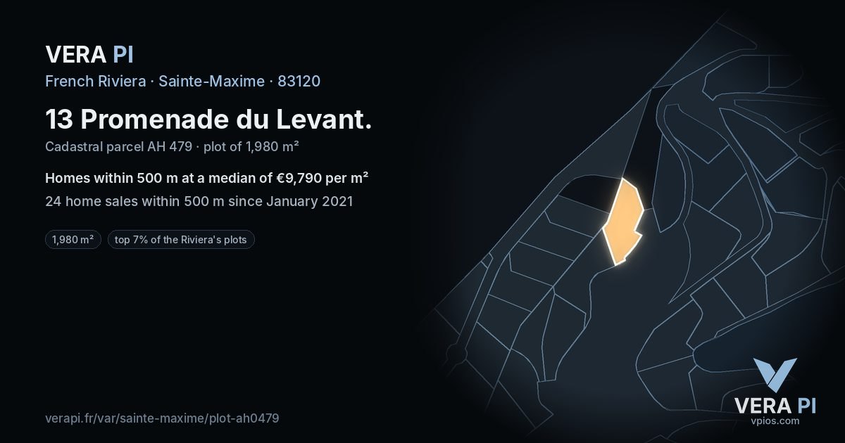 13 Promenade du Levant, Sainte-Maxime at night – the plot lit, the parcels around coloured by the prices near them