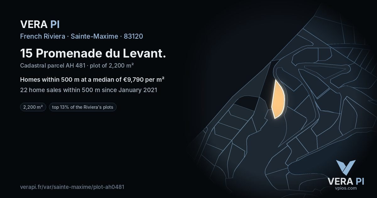 15 Promenade du Levant, Sainte-Maxime at night – the plot lit, the parcels around coloured by the prices near them