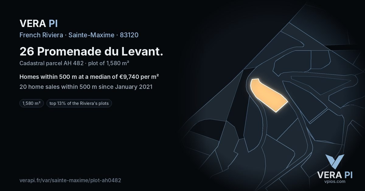 26 Promenade du Levant, Sainte-Maxime at night – the plot lit, the parcels around coloured by the prices near them