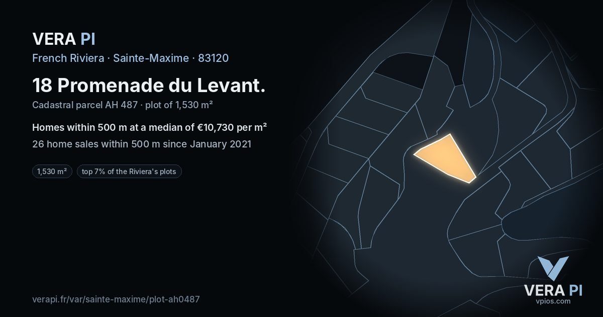 18 Promenade du Levant, Sainte-Maxime at night – the plot lit, the parcels around coloured by the prices near them