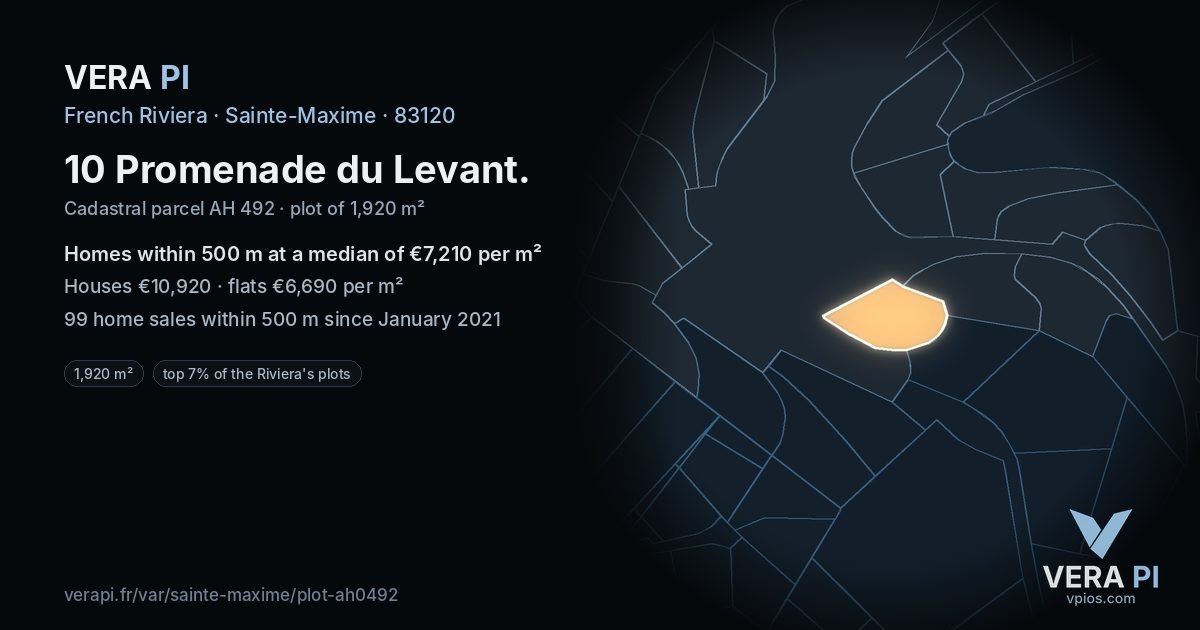 10 Promenade du Levant, Sainte-Maxime at night – the plot lit, the parcels around coloured by the prices near them