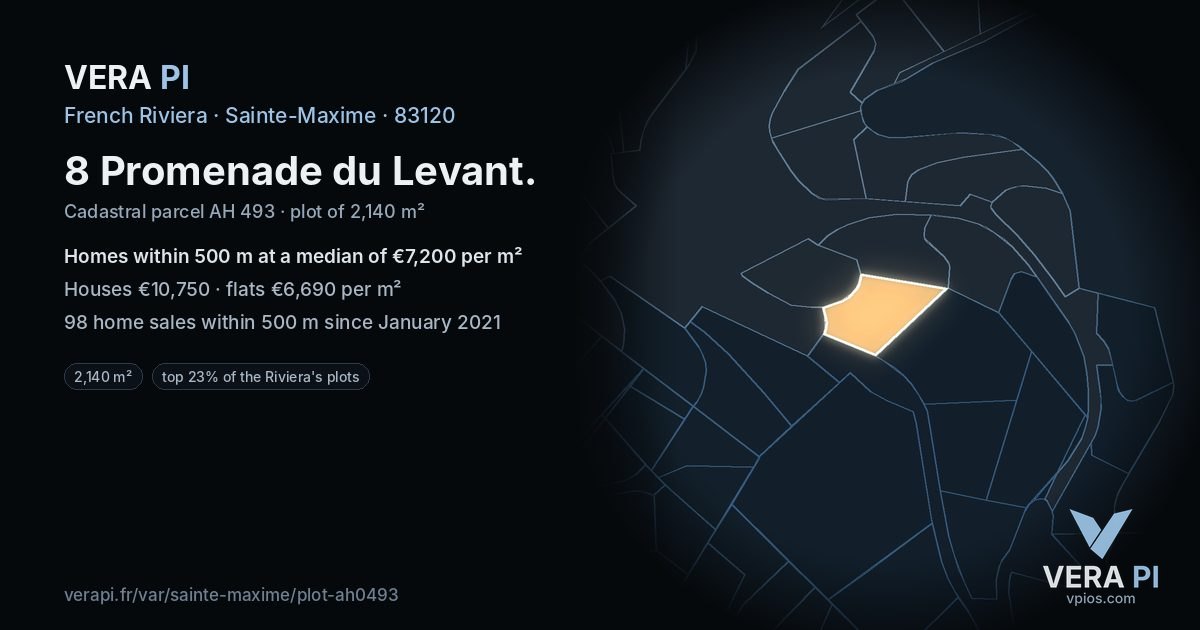 8 Promenade du Levant, Sainte-Maxime at night – the plot lit, the parcels around coloured by the prices near them