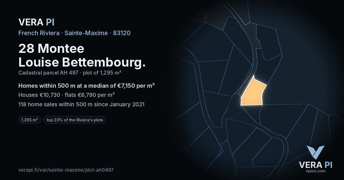 28 Montee Louise Bettembourg, Sainte-Maxime at night – the plot lit, the parcels around coloured by the prices near them