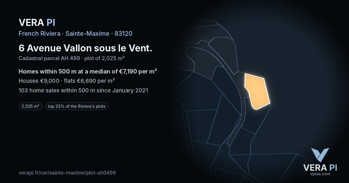 6 Avenue Vallon sous le Vent, Sainte-Maxime at night – the plot lit, the parcels around coloured by the prices near them