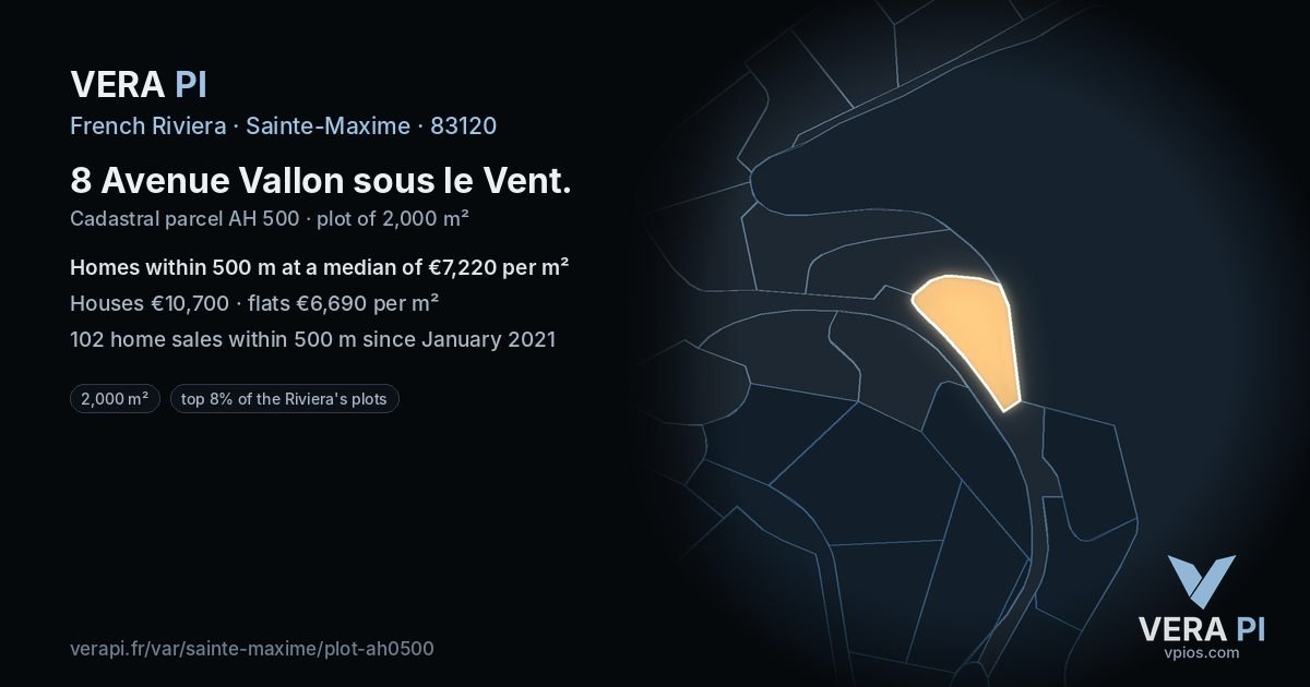 8 Avenue Vallon sous le Vent, Sainte-Maxime at night – the plot lit, the parcels around coloured by the prices near them