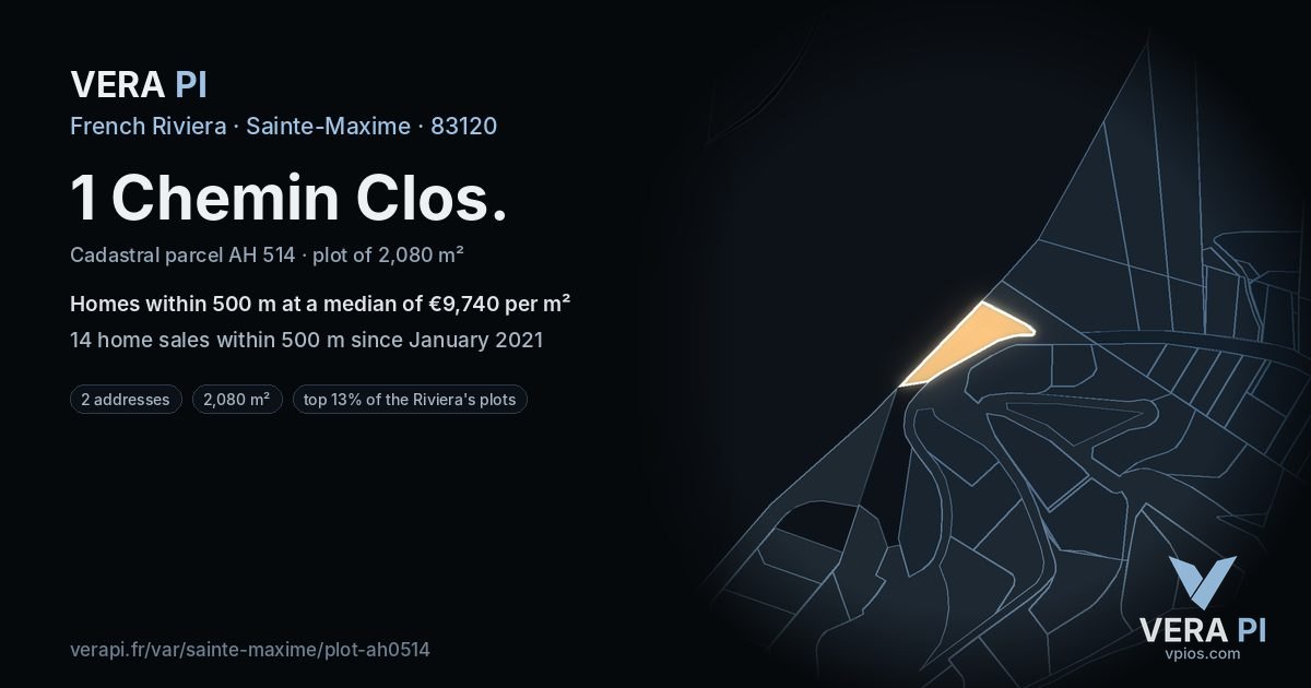 1 Chemin Clos, Sainte-Maxime at night – the plot lit, the parcels around coloured by the prices near them
