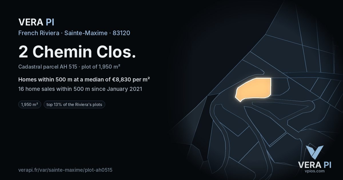 2 Chemin Clos, Sainte-Maxime at night – the plot lit, the parcels around coloured by the prices near them