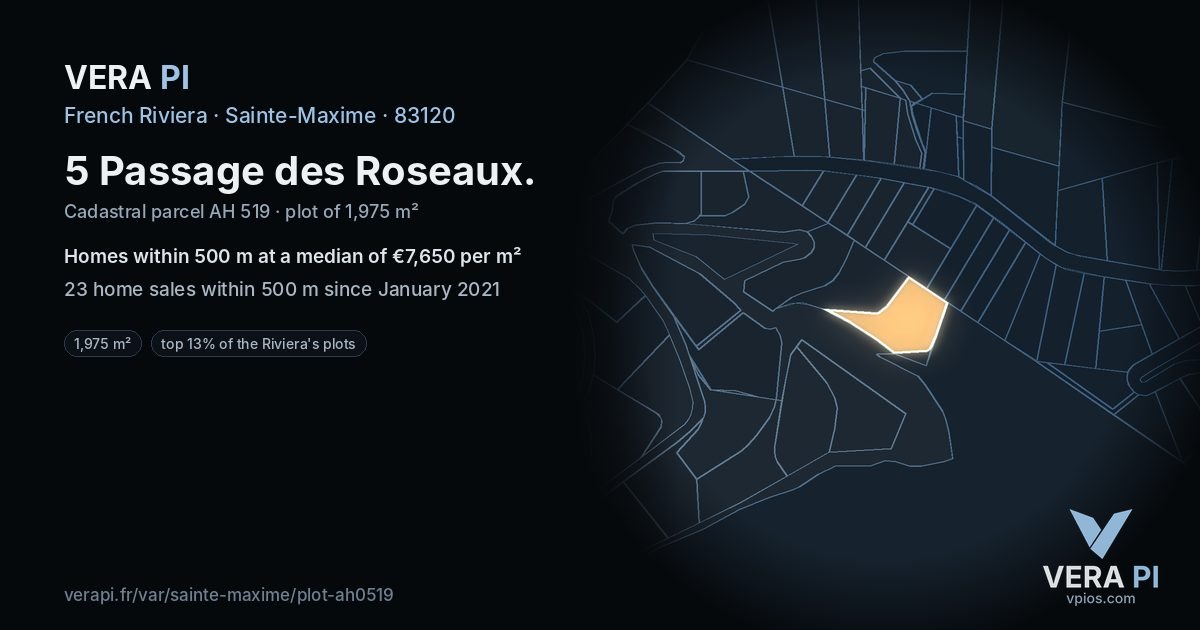 5 Passage des Roseaux, Sainte-Maxime at night – the plot lit, the parcels around coloured by the prices near them