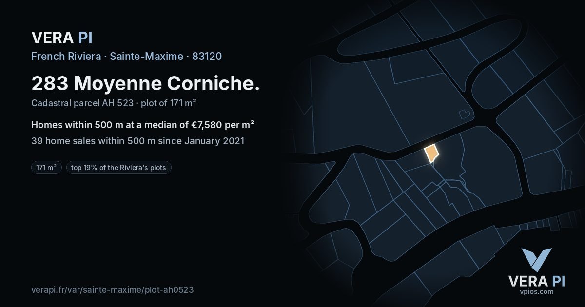 283 Moyenne Corniche, Sainte-Maxime at night – the plot lit, the parcels around coloured by the prices near them