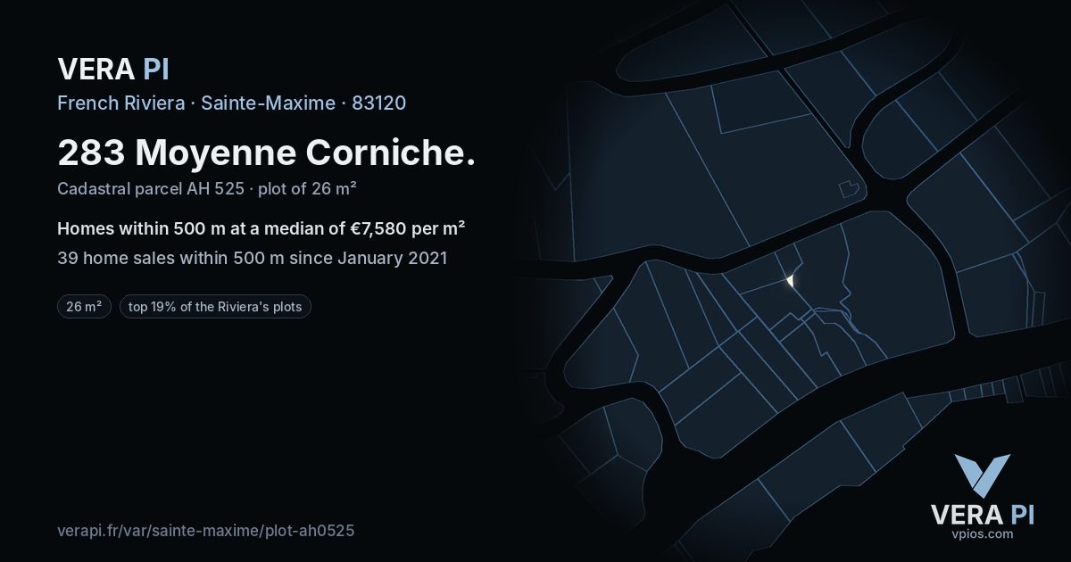 283 Moyenne Corniche, Sainte-Maxime at night – the plot lit, the parcels around coloured by the prices near them