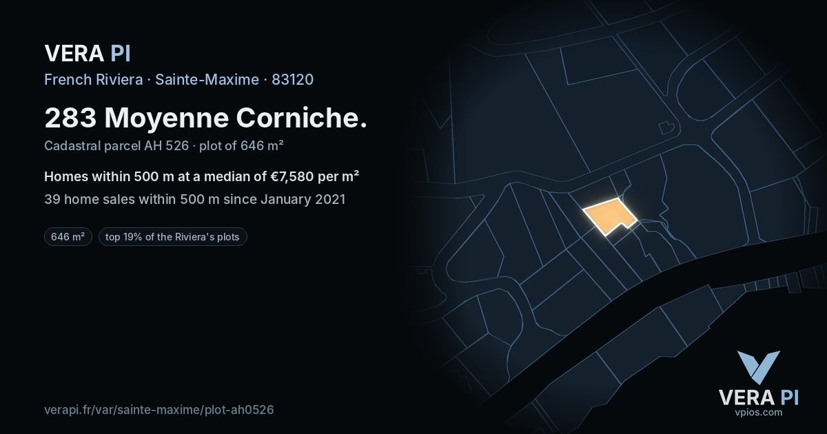 283 Moyenne Corniche, Sainte-Maxime at night – the plot lit, the parcels around coloured by the prices near them