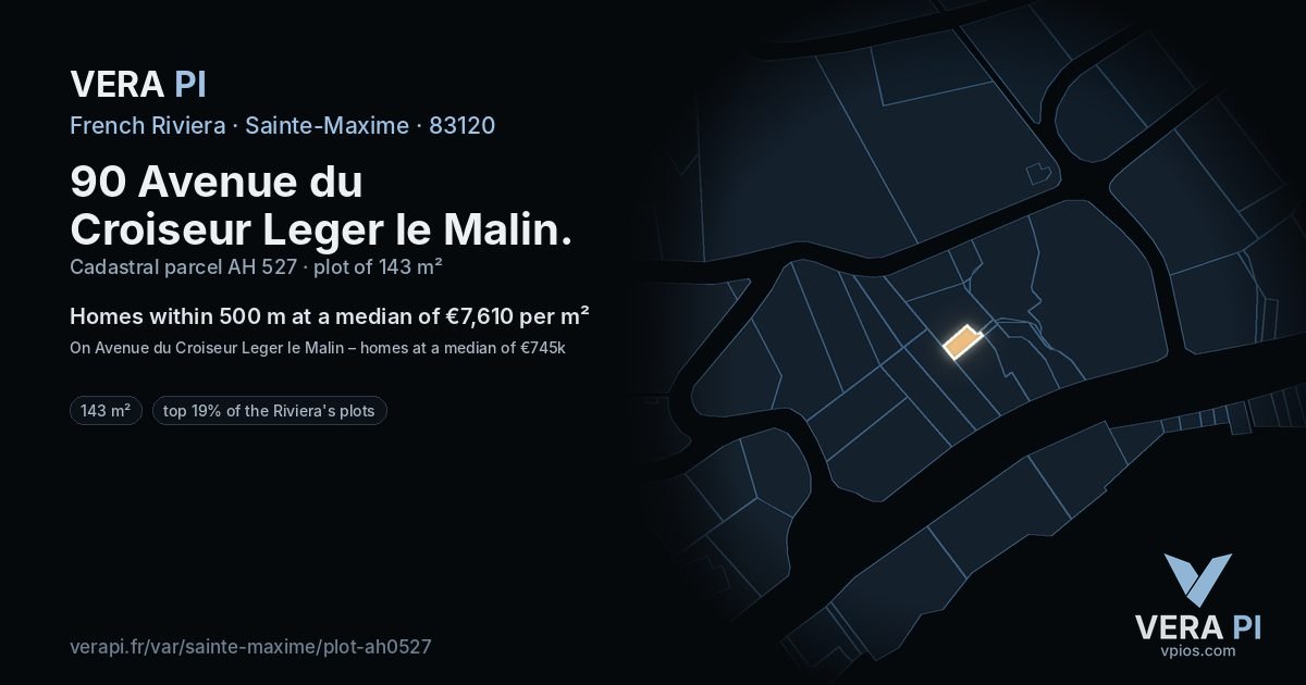 90 Avenue du Croiseur Leger le Malin, Sainte-Maxime at night – the plot lit, the parcels around coloured by the prices near them