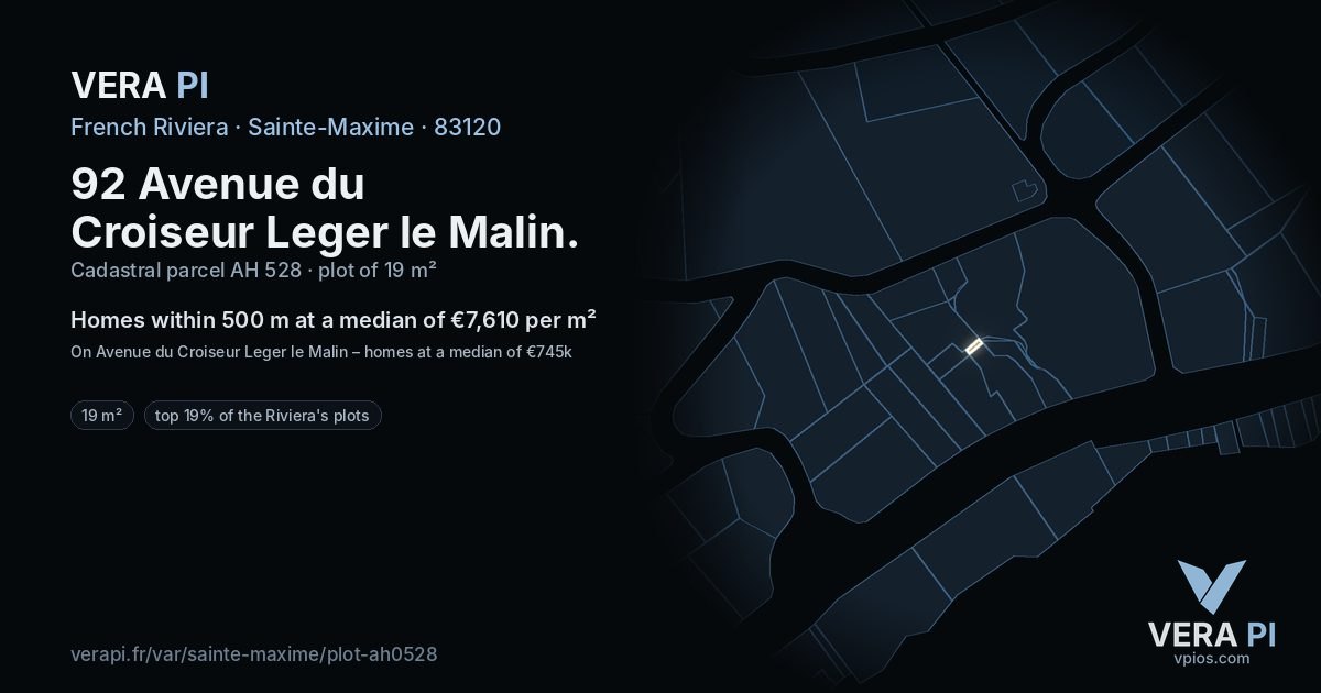 92 Avenue du Croiseur Leger le Malin, Sainte-Maxime at night – the plot lit, the parcels around coloured by the prices near them