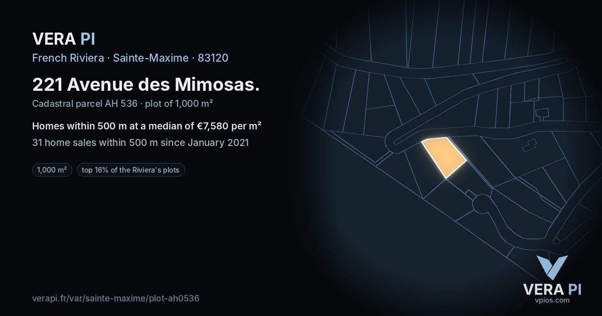 221 Avenue des Mimosas, Sainte-Maxime at night – the plot lit, the parcels around coloured by the prices near them