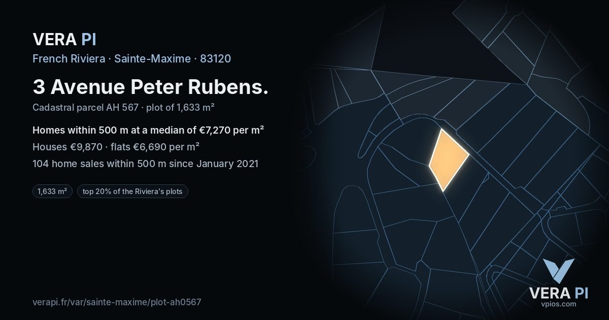3 Avenue Peter Rubens, Sainte-Maxime at night – the plot lit, the parcels around coloured by the prices near them