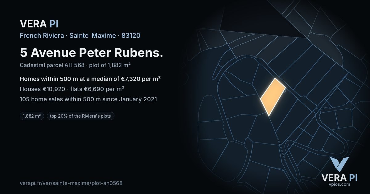 5 Avenue Peter Rubens, Sainte-Maxime at night – the plot lit, the parcels around coloured by the prices near them